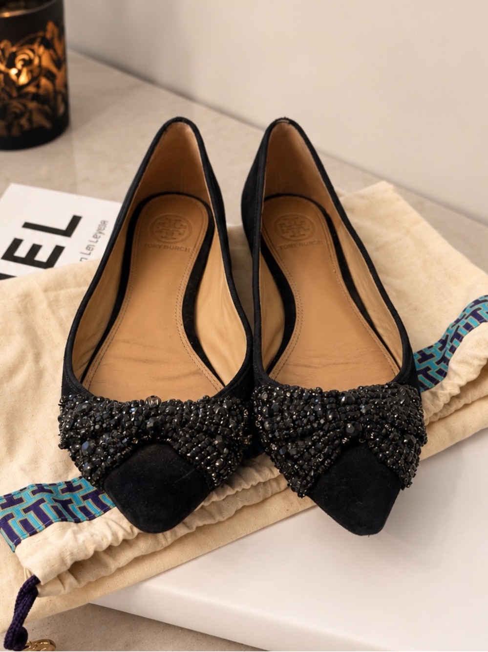 Tory Burch Esme Black Suede Crystal Bow Pointed Toe Flats 6.5M Dust Bag
